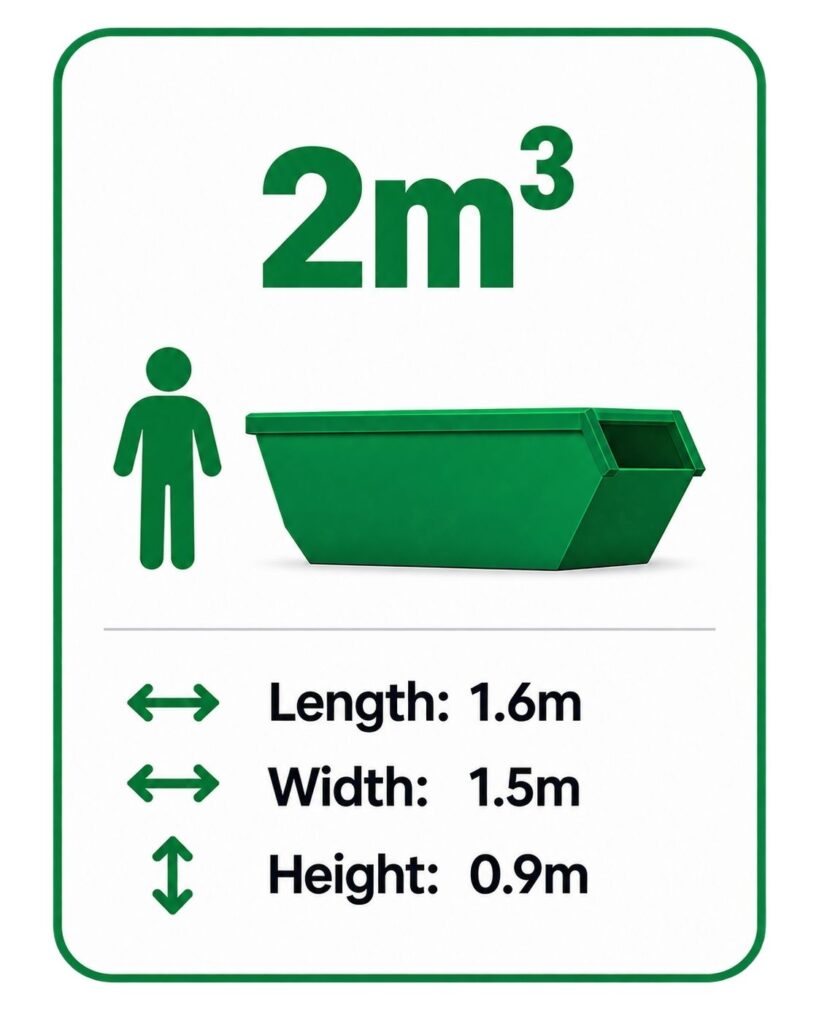 2 cubic metre skip bin hire Adelaide | dimensions – 1.6m long, 1.5m wide and 0.9m high