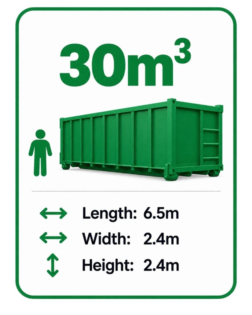 30 cubic metre roll-on roll-off bin hire Adelaide | dimensions – 6.5m long, 2.4m wide and 2.4m high