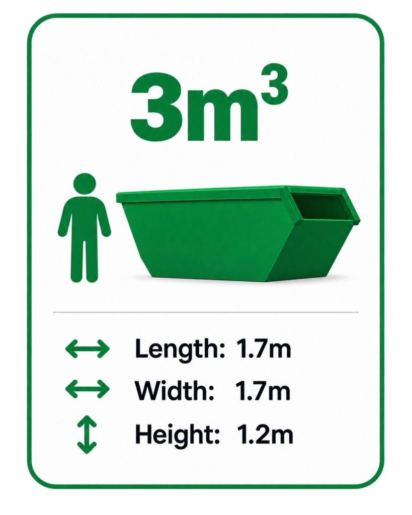 3 cubic metre skip bin hire Adelaide | dimensions – 1.7m long, 1.7m wide and 1.2m high