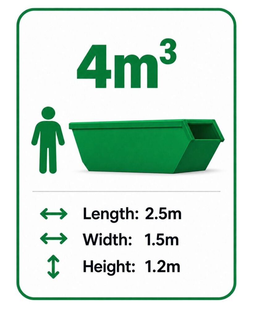 4 cubic metre skip bin hire Adelaide | dimensions – 2.5m long, 1.5m wide and 1.2m high