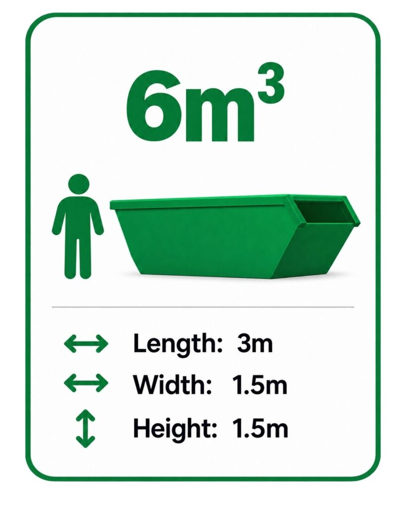 6 cubic metre skip bin hire Adelaide | dimensions – 3m long, 1.5m wide and 1.5m high