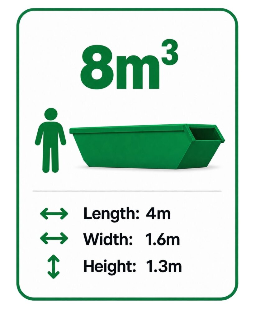 8 cubic metre skip bin hire Adelaide | dimensions – 4m long, 1.6m wide and 1.3m high