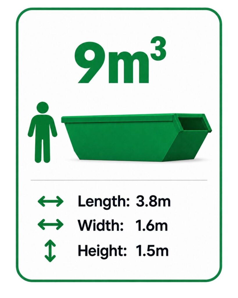 9 cubic metre skip bin hire Adelaide | dimensions – 3.8m long, 1.6m wide and 1.5m high